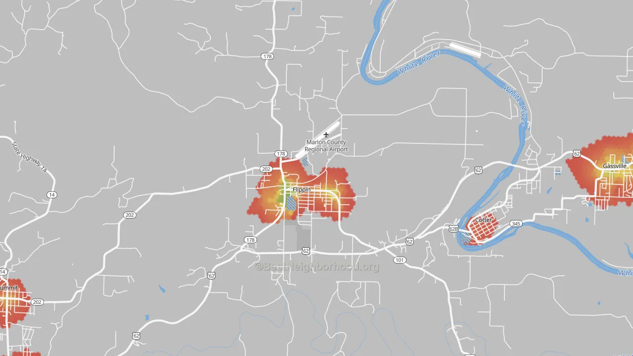 Walk Grade map of Flippin, AR, walkable areas in green and car-dependent areas in red