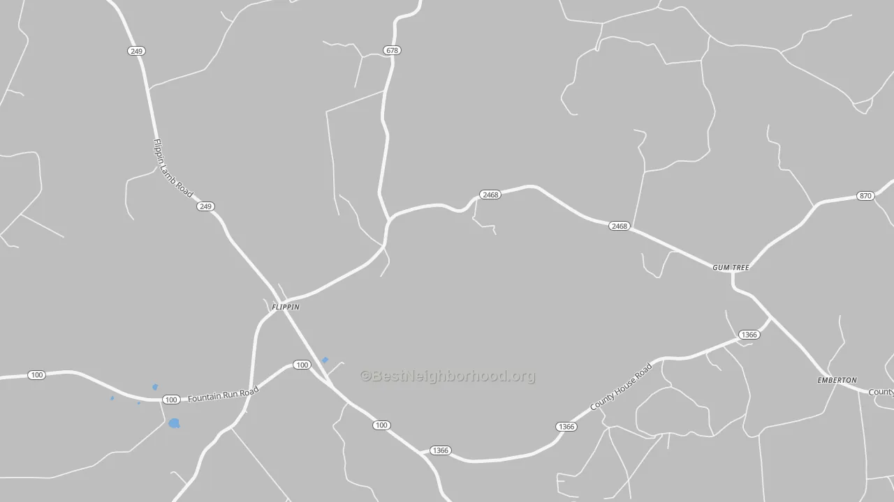 Walk Grade map of Flippin, KY, walkable areas in green and car-dependent areas in red