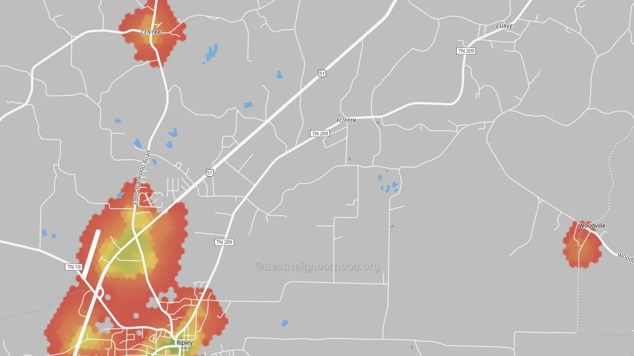 Walk Grade map of Flippin, TN, walkable areas in green and car-dependent areas in red