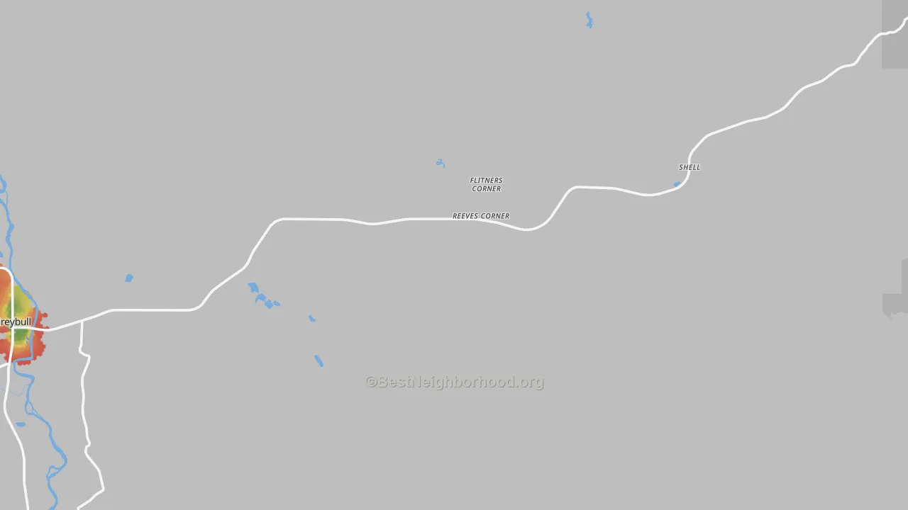 Walk Grade map of Flitners Corner, WY, walkable areas in green and car-dependent areas in red