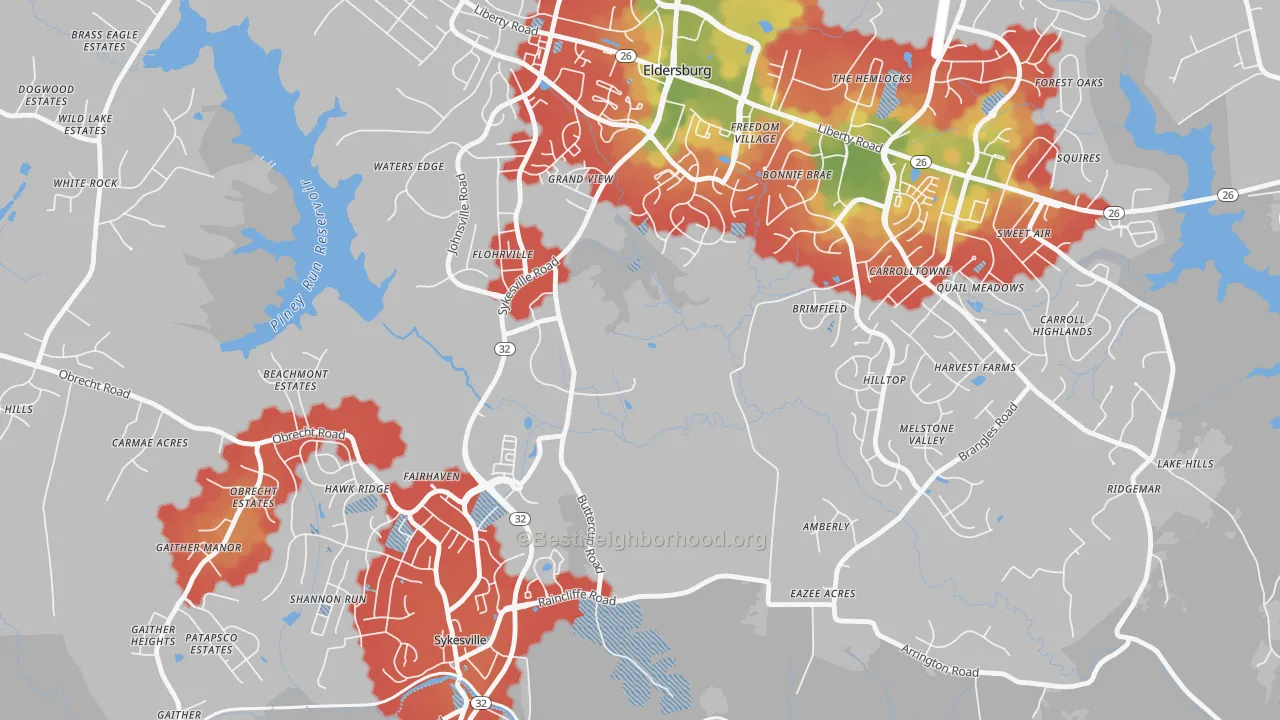 Walk Grade map of Flohrville, MD, walkable areas in green and car-dependent areas in red