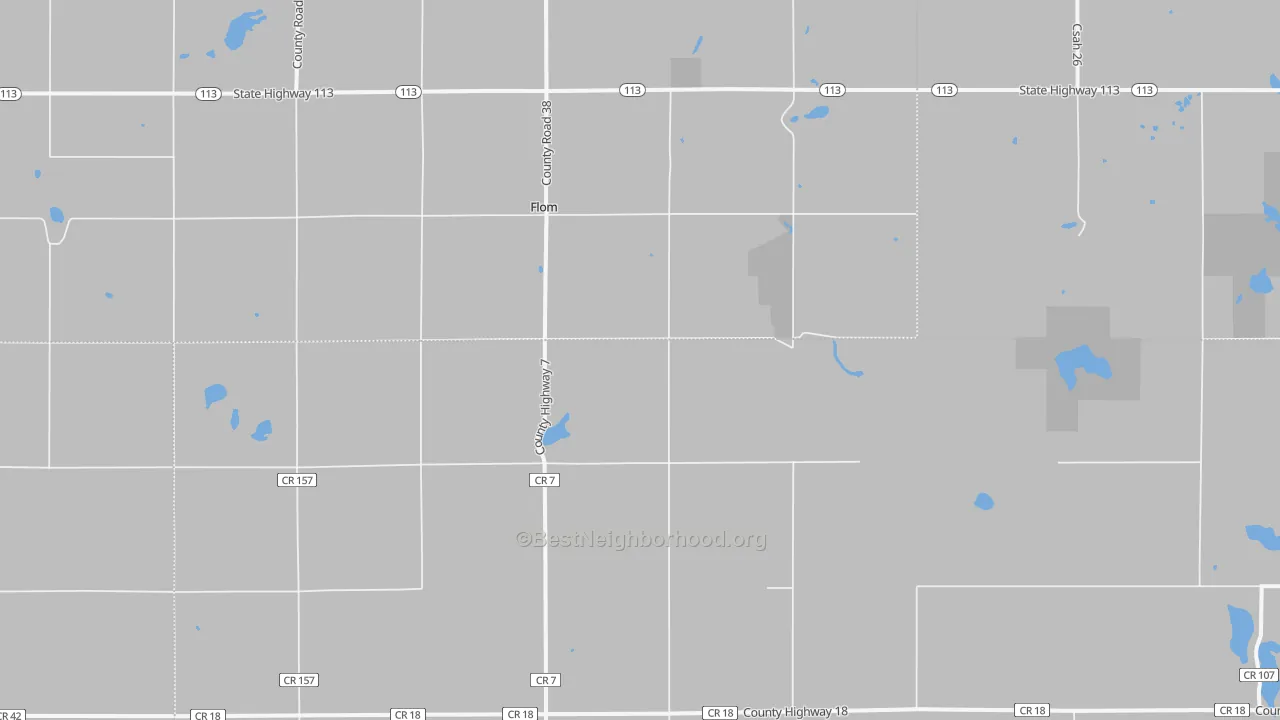 Walk Grade map of Flom, MN, walkable areas in green and car-dependent areas in red