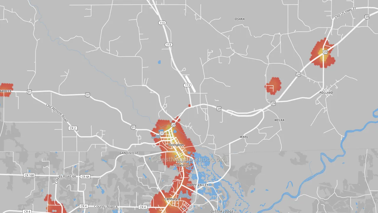 Walk Grade map of Flomaton, AL, walkable areas in green and car-dependent areas in red