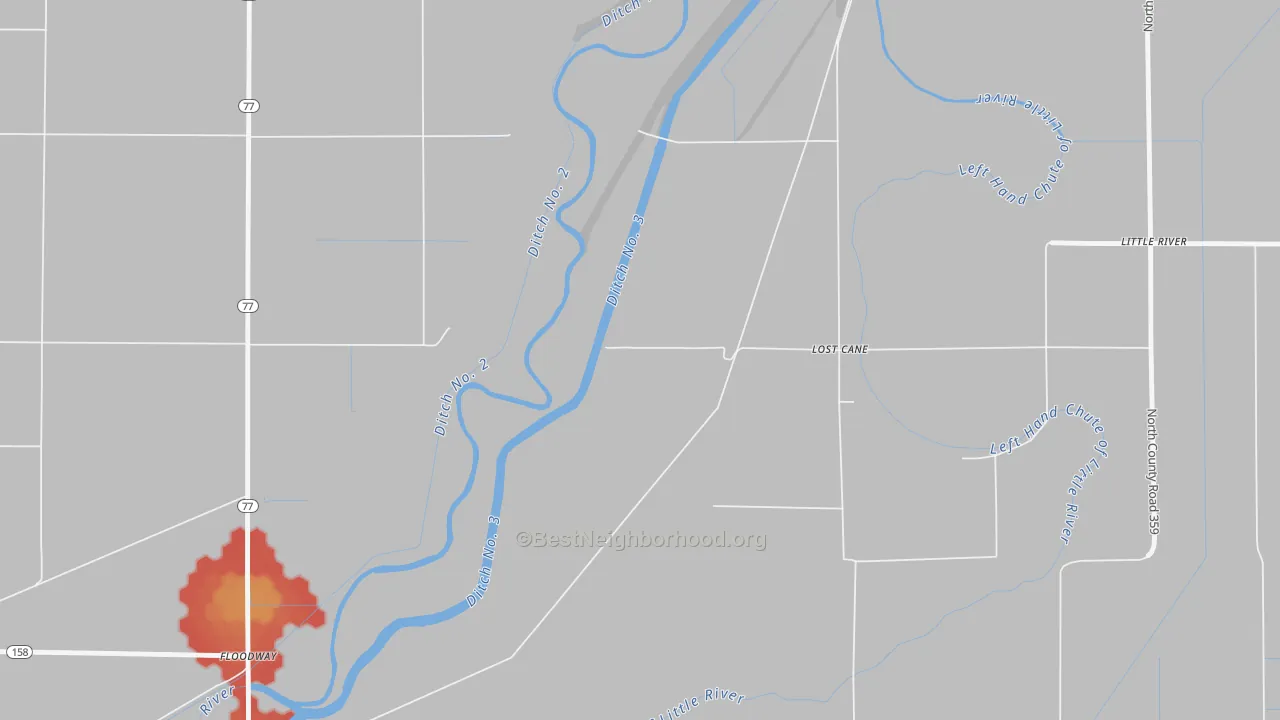 Walk Grade map of Floodway, AR, walkable areas in green and car-dependent areas in red