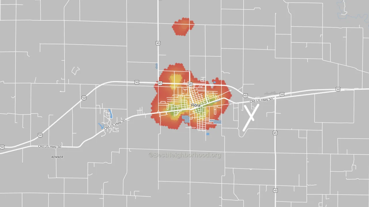 Walk Grade map of Flora, IL, walkable areas in green and car-dependent areas in red