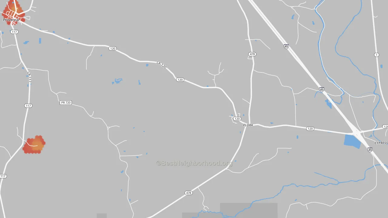 Walk Grade map of Flora, LA, walkable areas in green and car-dependent areas in red