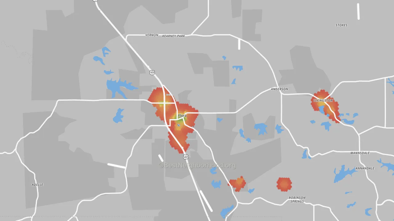 Walk Grade map of Flora, MS, walkable areas in green and car-dependent areas in red