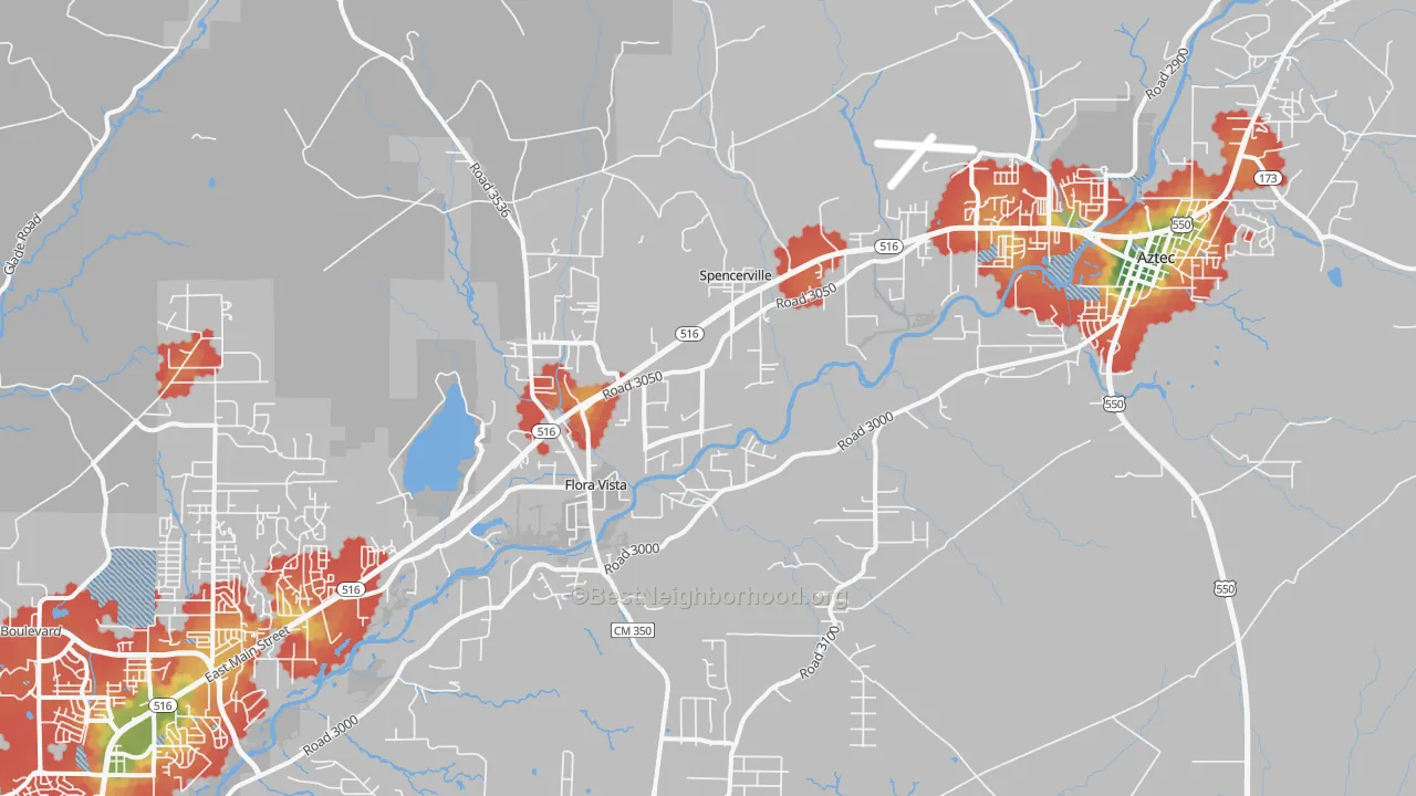 Walk Grade map of Flora Vista, NM, walkable areas in green and car-dependent areas in red