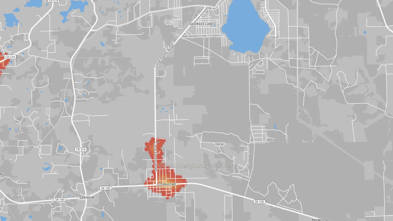 Walk Grade map of Florahome, FL, walkable areas in green and car-dependent areas in red