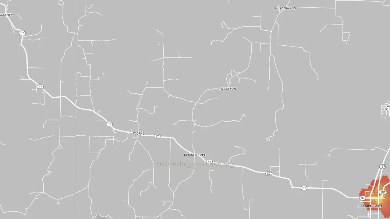 Walk Grade map of Floral, AR, walkable areas in green and car-dependent areas in red