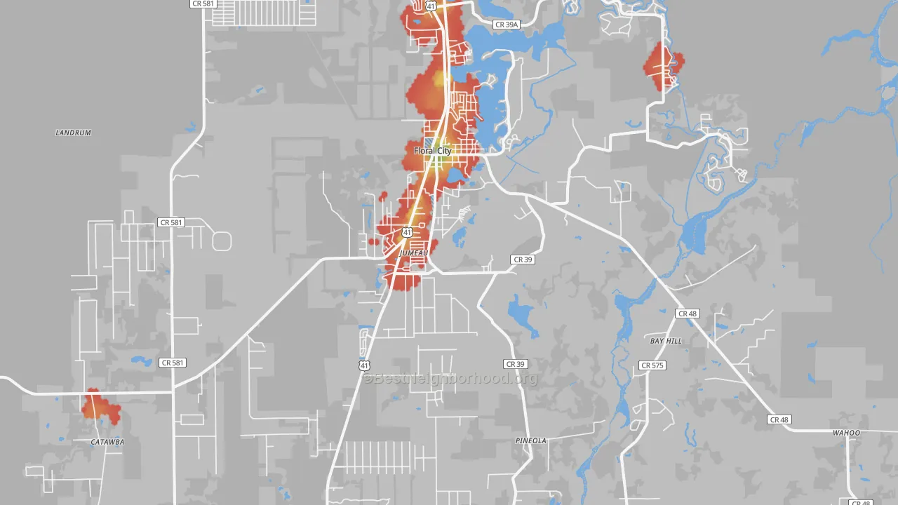 Walk Grade map of Floral City, FL, walkable areas in green and car-dependent areas in red