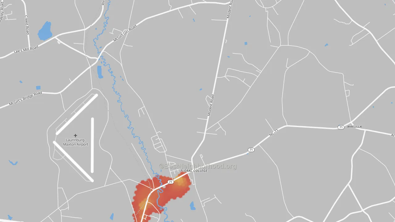 Walk Grade map of Floral College, NC, walkable areas in green and car-dependent areas in red