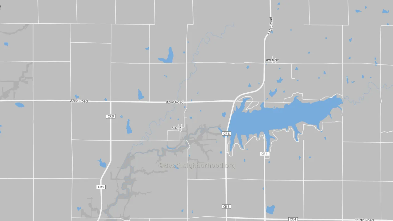 Walk Grade map of Floral, KS, walkable areas in green and car-dependent areas in red