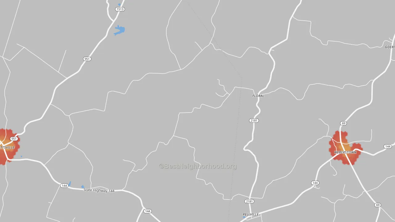 Walk Grade map of Floral, KY, walkable areas in green and car-dependent areas in red