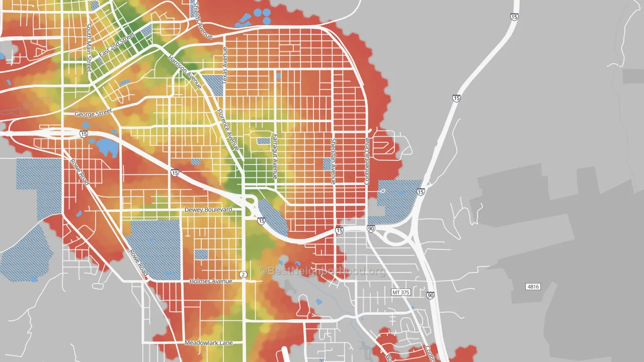 Walk Grade map of Floral Park, Butte, MT, walkable areas in green and car-dependent areas in red