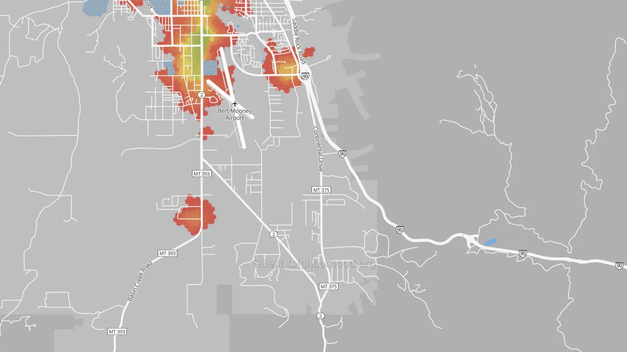 Walk Grade map of Floral Park, MT, walkable areas in green and car-dependent areas in red