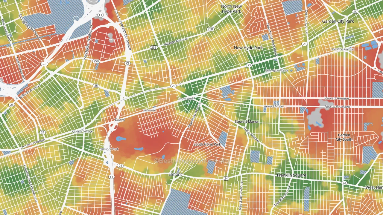 Walk Grade map of Floral Park, NY, walkable areas in green and car-dependent areas in red