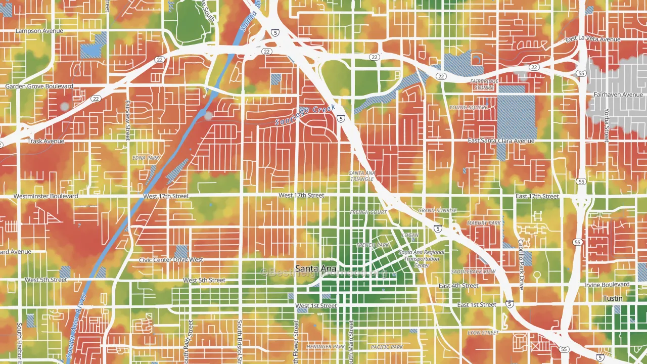 Walk Grade map of Floral Park, Santa Ana, CA, walkable areas in green and car-dependent areas in red