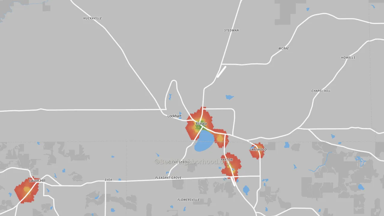Walk Grade map of Florala, AL, walkable areas in green and car-dependent areas in red