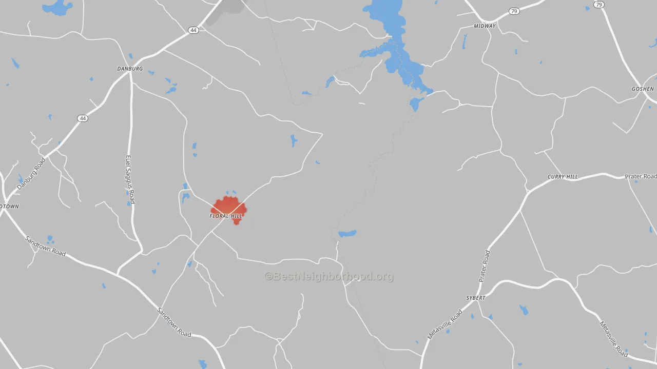 Walk Grade map of Floralhill, GA, walkable areas in green and car-dependent areas in red