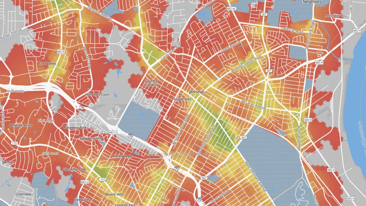 Walk Grade map of Flordell Hills, MO, walkable areas in green and car-dependent areas in red