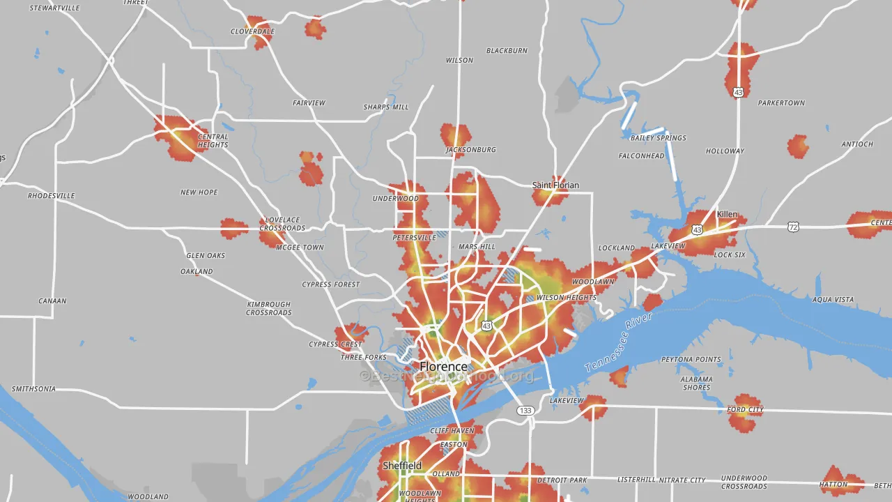 Walk Grade map of Florence, AL, walkable areas in green and car-dependent areas in red