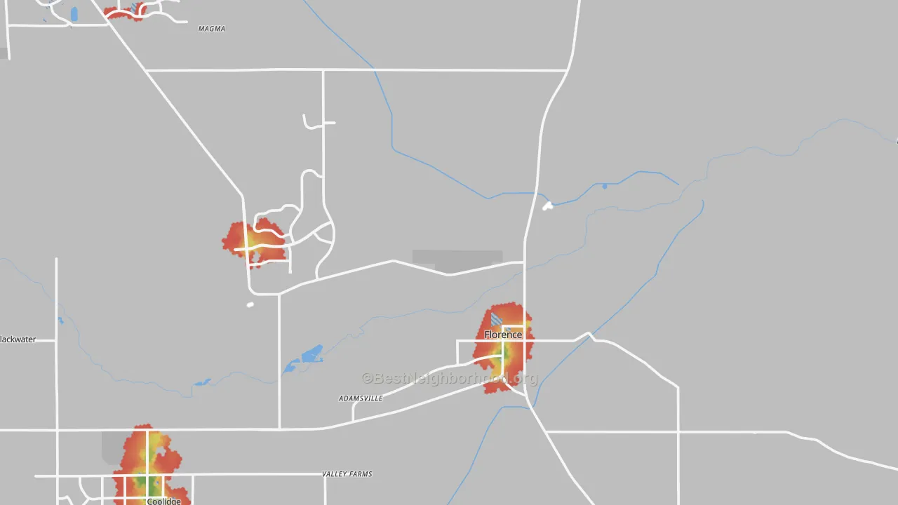 Walk Grade map of Florence, AZ, walkable areas in green and car-dependent areas in red