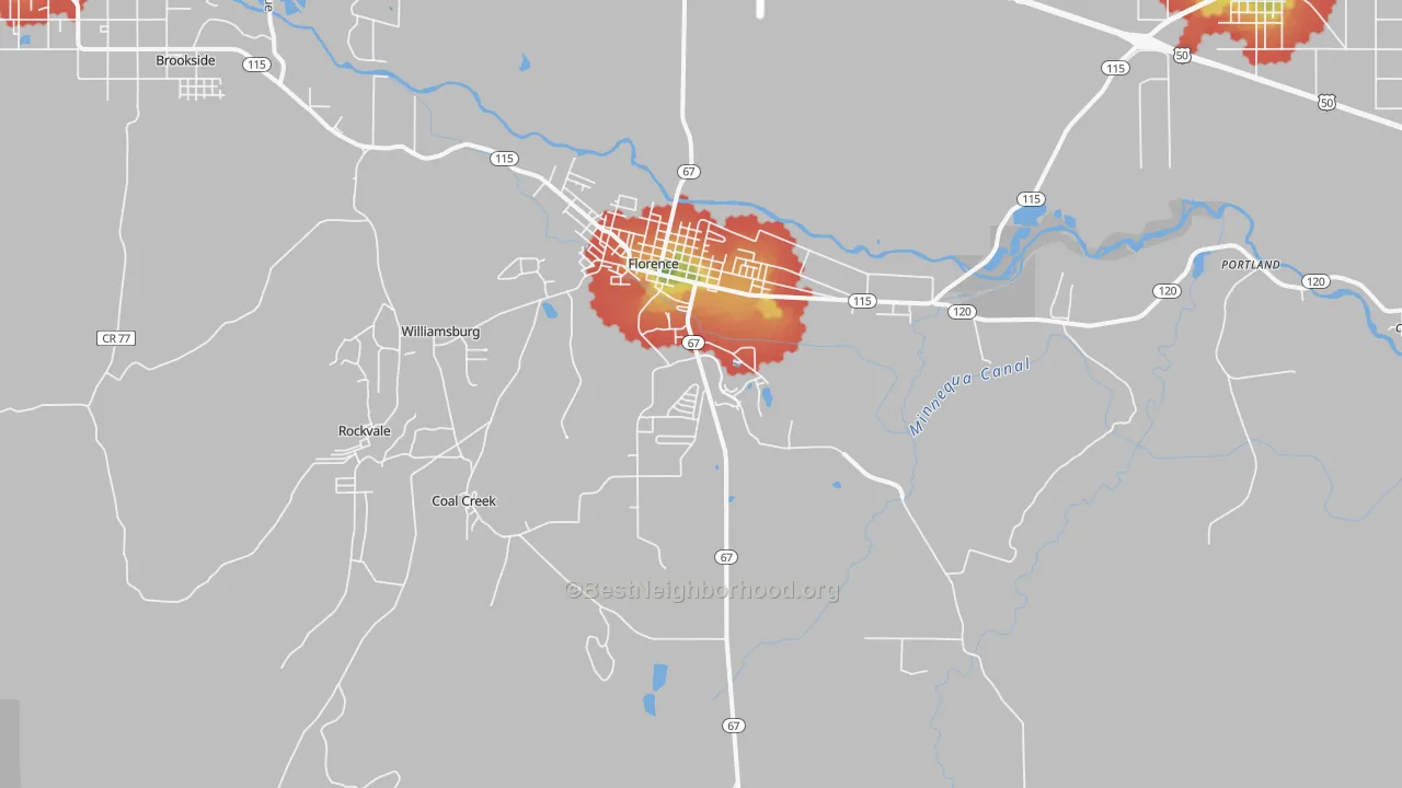 Walk Grade map of Florence, CO, walkable areas in green and car-dependent areas in red