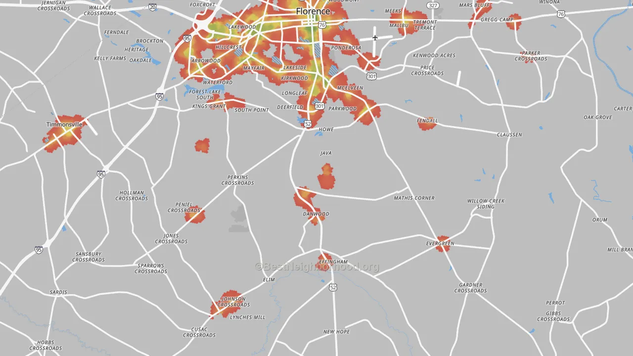 Walk Grade map of Florence County, SC, walkable areas in green and car-dependent areas in red