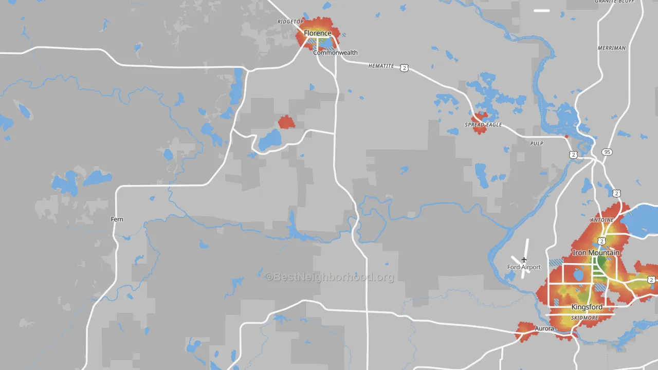 Walk Grade map of Florence County, WI, walkable areas in green and car-dependent areas in red