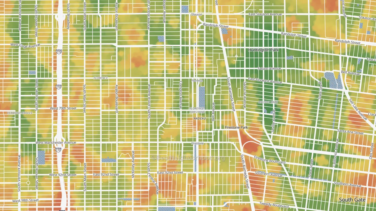 Walk Grade map of Florence-Graham, CA, walkable areas in green and car-dependent areas in red