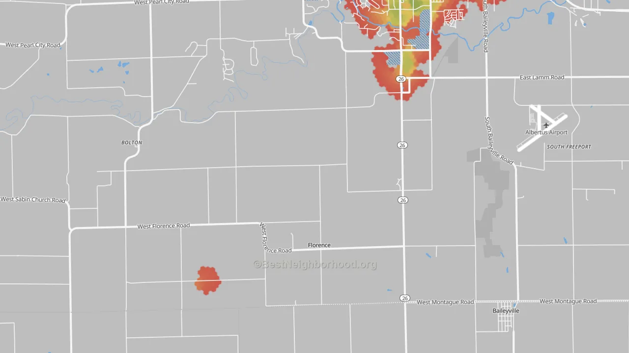 Walk Grade map of Florence, IL, walkable areas in green and car-dependent areas in red