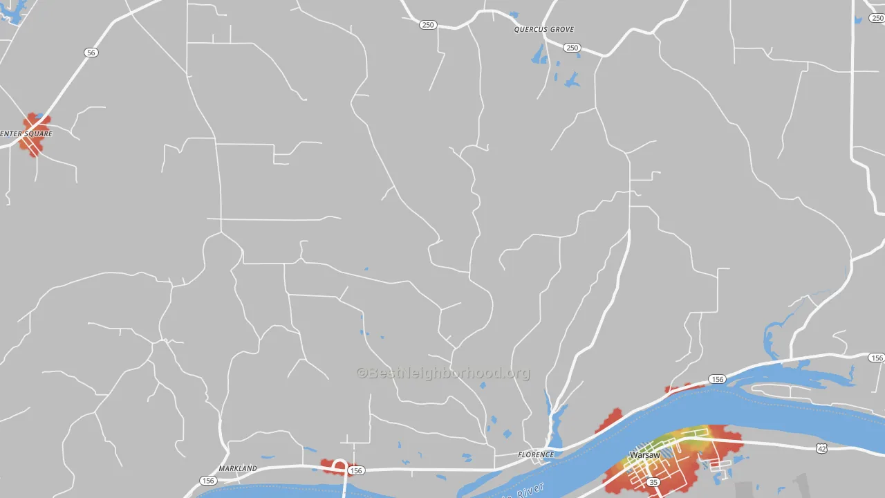 Walk Grade map of Florence, IN, walkable areas in green and car-dependent areas in red