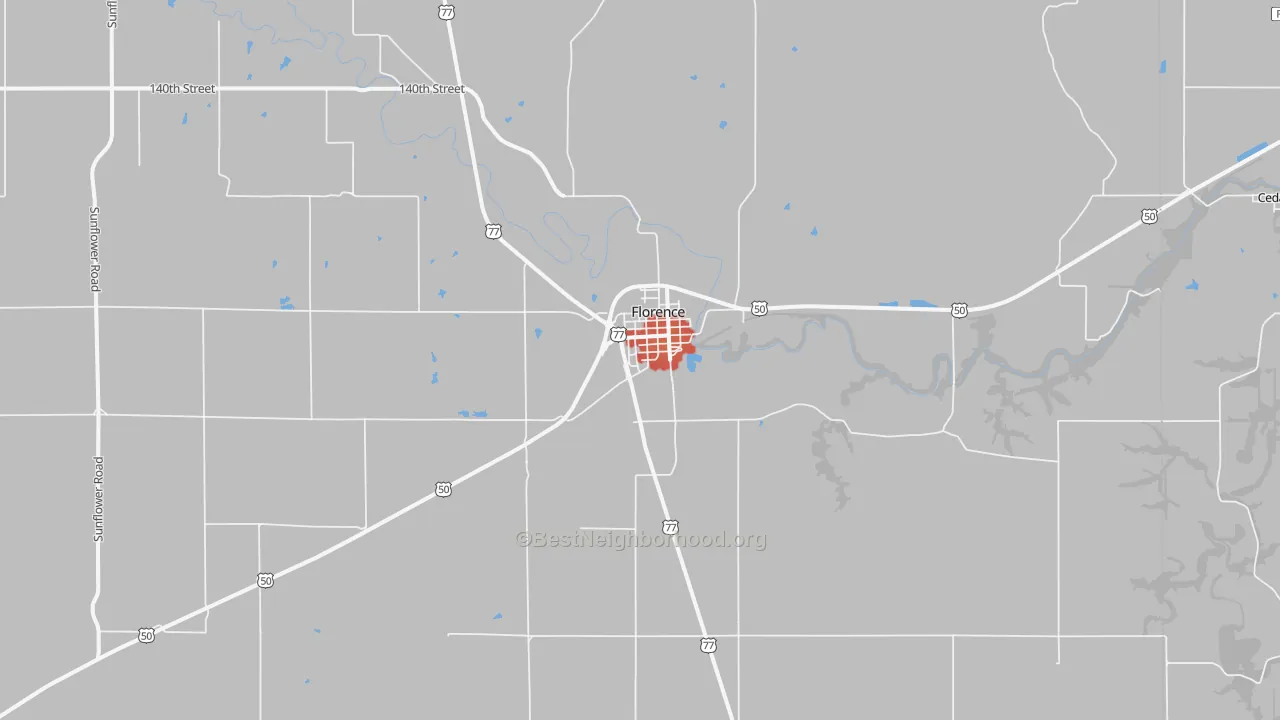 Walk Grade map of Florence, KS, walkable areas in green and car-dependent areas in red
