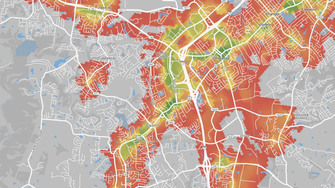 Walk Grade map of Florence, KY, walkable areas in green and car-dependent areas in red