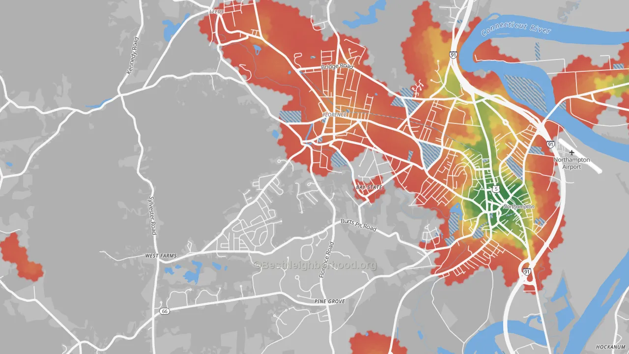 Walk Grade map of Florence, MA, walkable areas in green and car-dependent areas in red