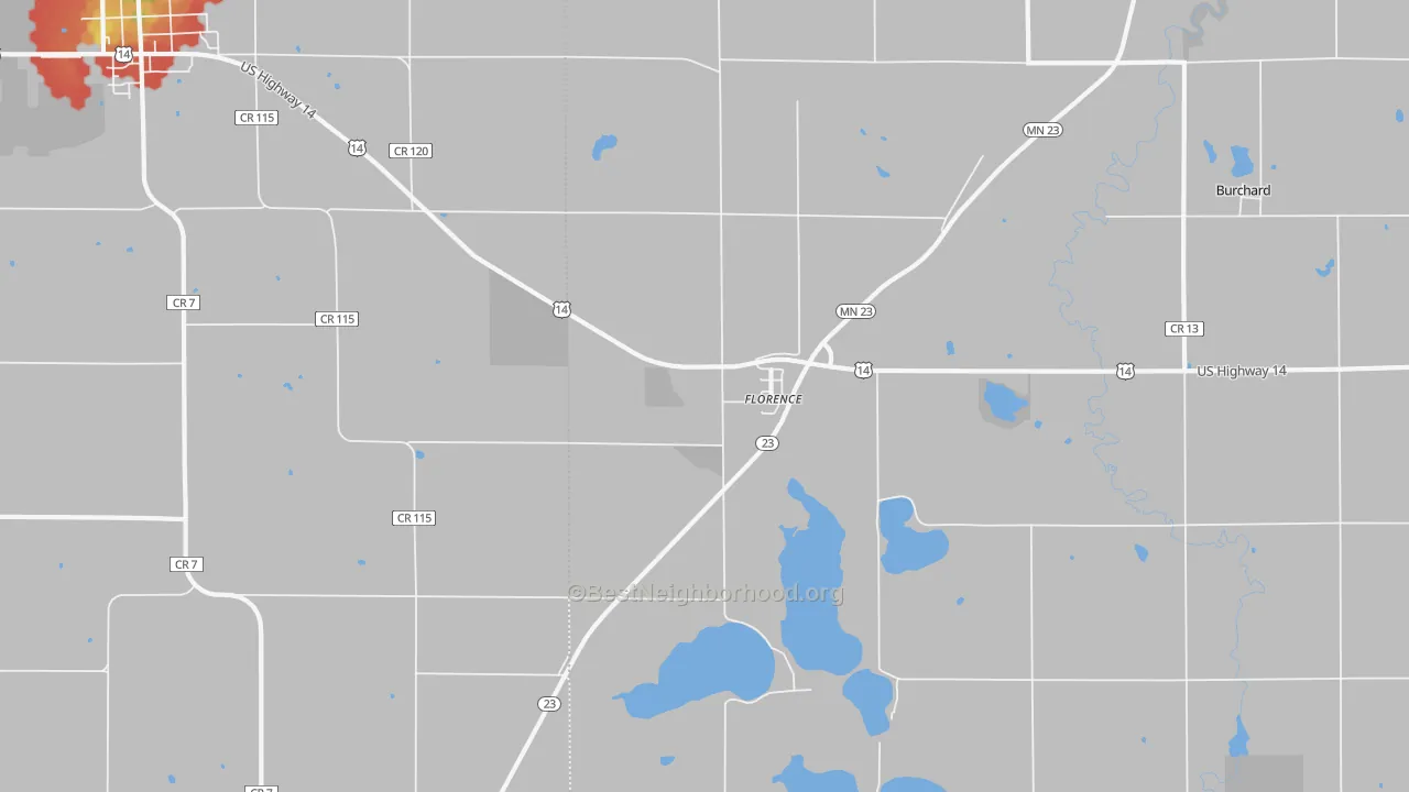 Walk Grade map of Florence, MN, walkable areas in green and car-dependent areas in red