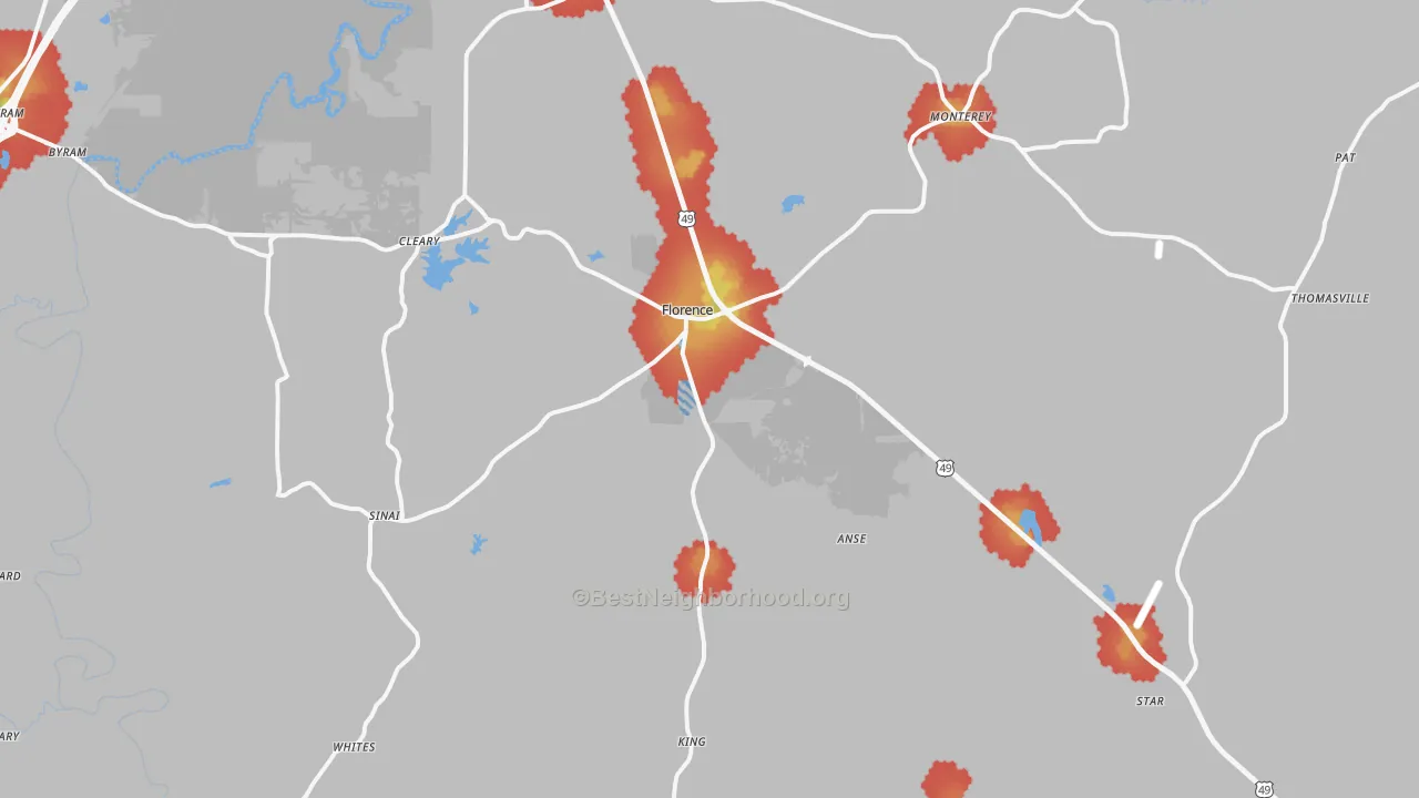 Walk Grade map of Florence, MS, walkable areas in green and car-dependent areas in red