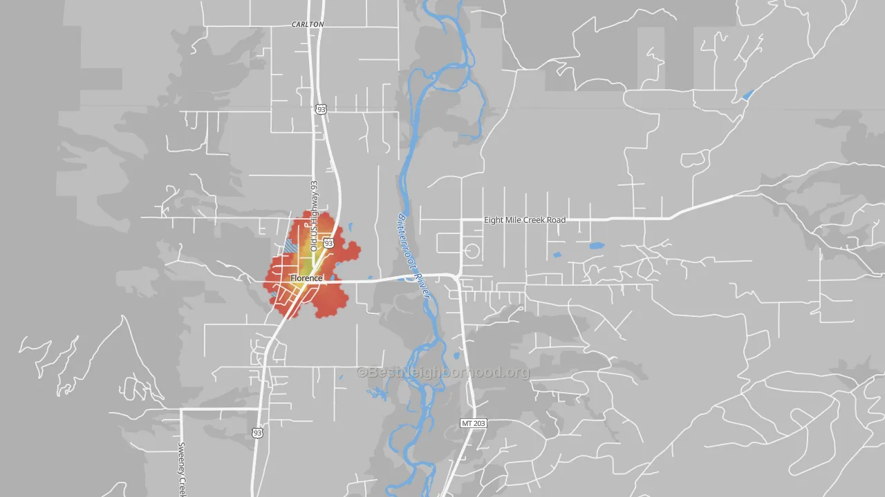Walk Grade map of Florence, MT, walkable areas in green and car-dependent areas in red