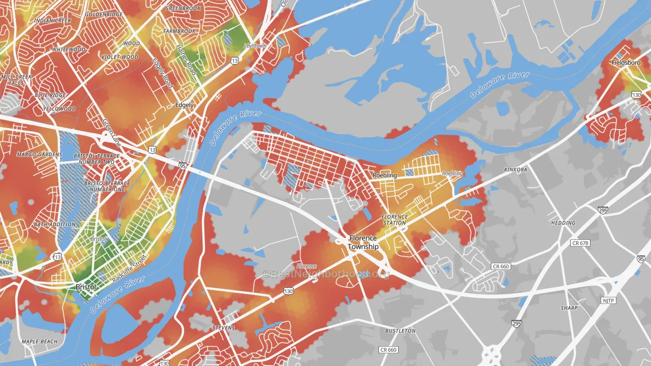 Walk Grade map of Florence, NJ, walkable areas in green and car-dependent areas in red