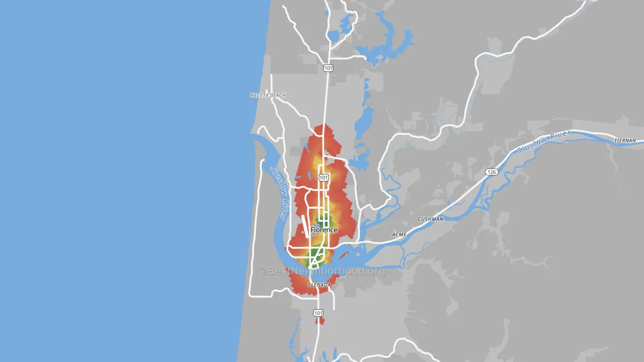 Walk Grade map of Florence, OR, walkable areas in green and car-dependent areas in red