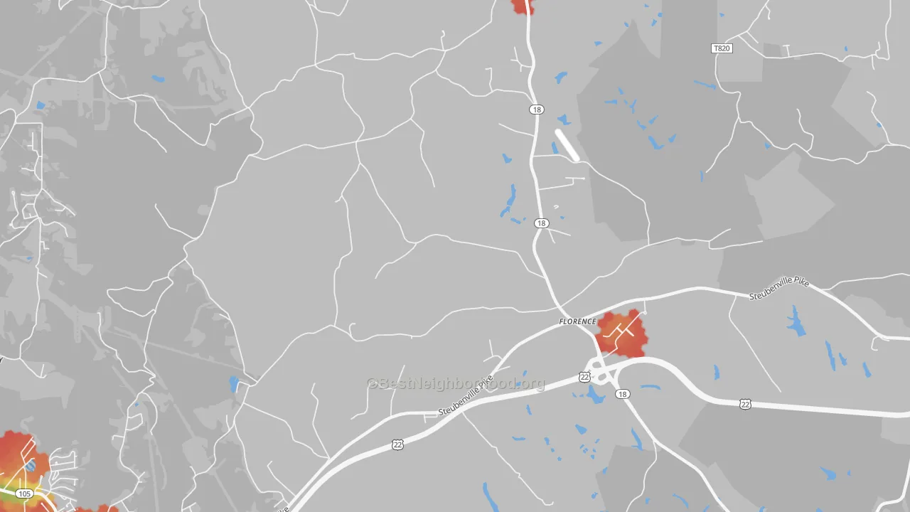 Walk Grade map of Florence, PA, walkable areas in green and car-dependent areas in red