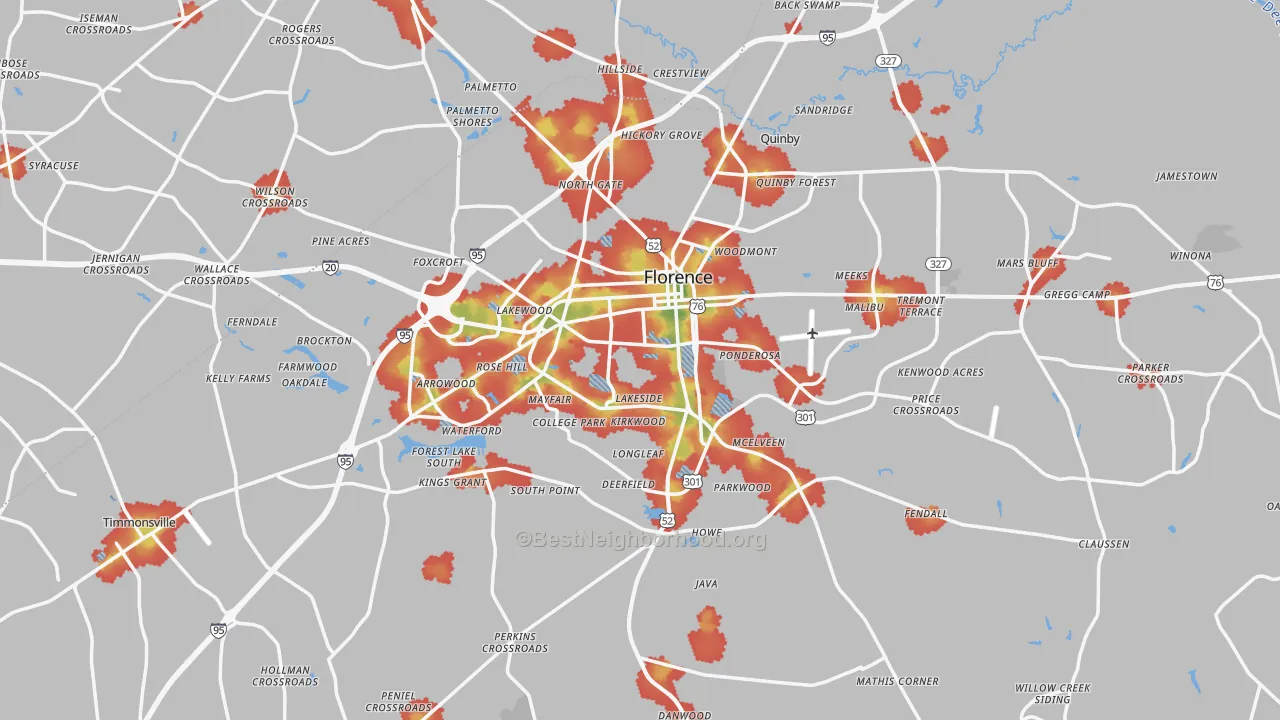 Walk Grade map of Florence, SC, walkable areas in green and car-dependent areas in red