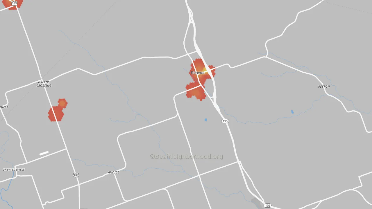 Walk Grade map of Florence, TX, walkable areas in green and car-dependent areas in red