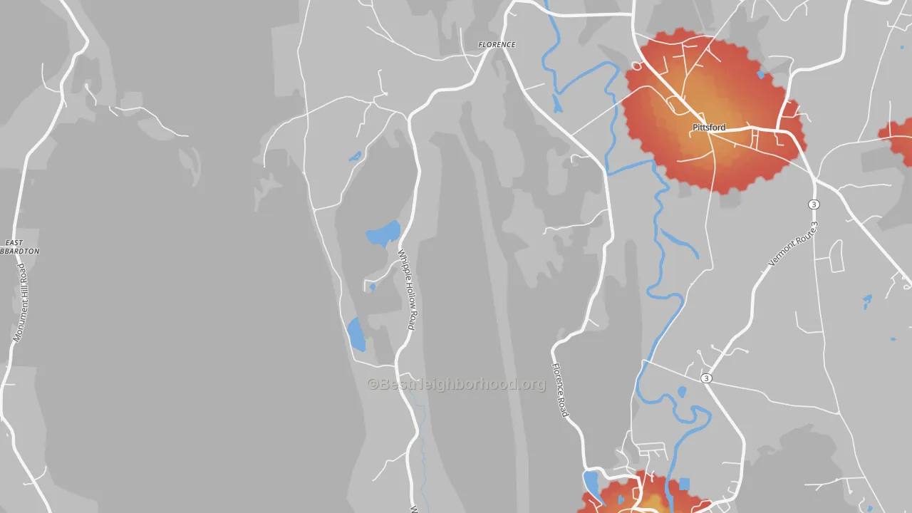 Walk Grade map of Florence, VT, walkable areas in green and car-dependent areas in red