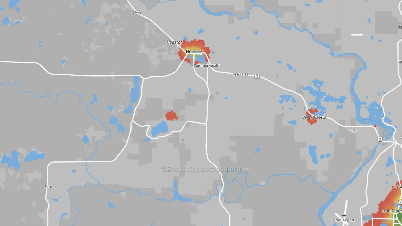 Walk Grade map of Florence, WI, walkable areas in green and car-dependent areas in red