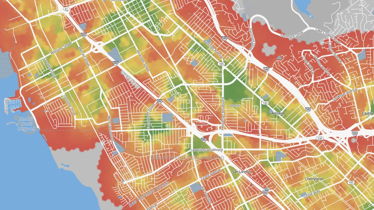 Walk Grade map of Floresta Gardens-Bradrick, San Leandro, CA, walkable areas in green and car-dependent areas in red