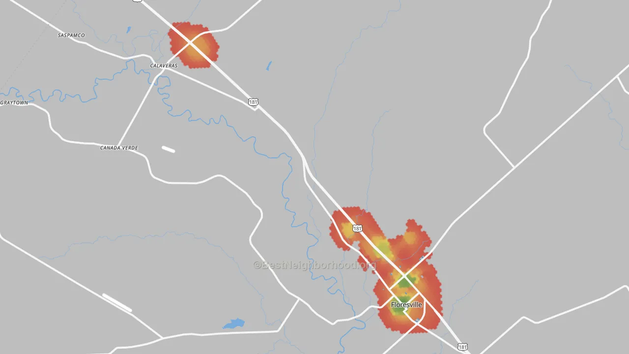 Walk Grade map of Floresville, TX, walkable areas in green and car-dependent areas in red