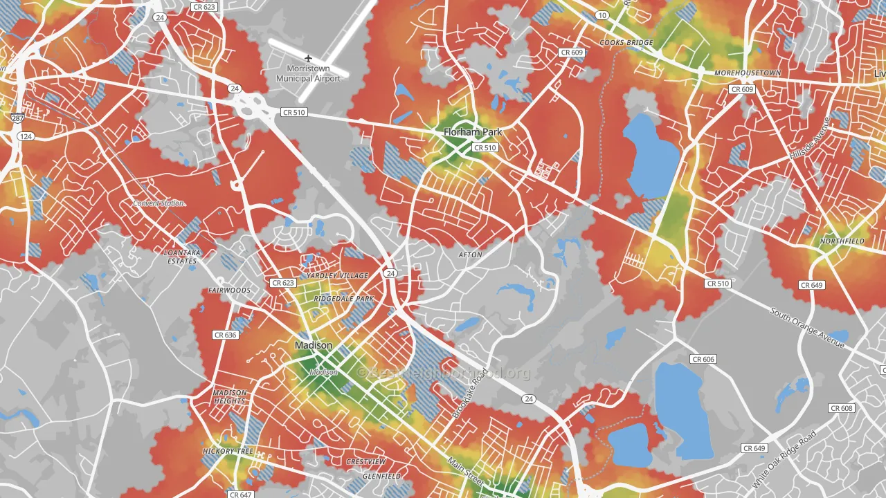 Walk Grade map of Florham Park, NJ, walkable areas in green and car-dependent areas in red