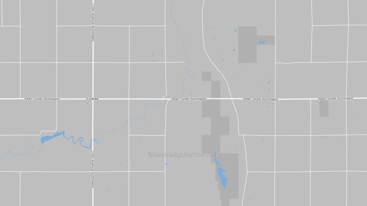 Walk Grade map of Florian, MN, walkable areas in green and car-dependent areas in red